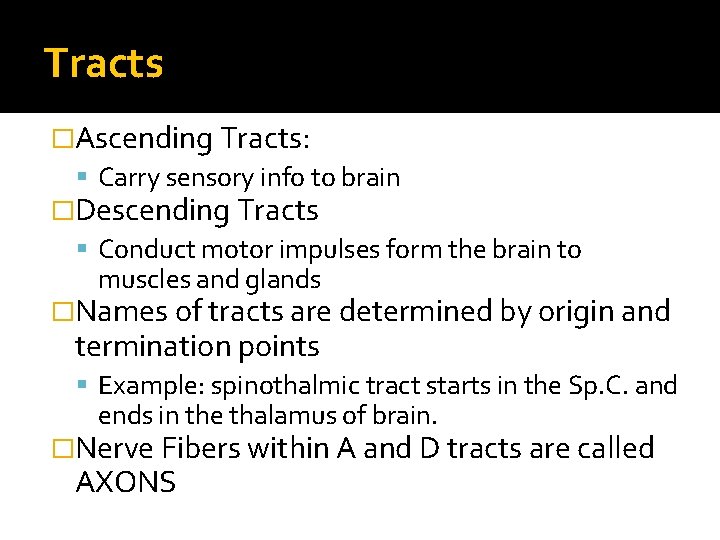 Tracts �Ascending Tracts: Carry sensory info to brain �Descending Tracts Conduct motor impulses form