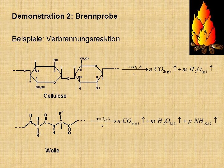 Demonstration 2: Brennprobe Beispiele: Verbrennungsreaktion Cellulose Wolle 