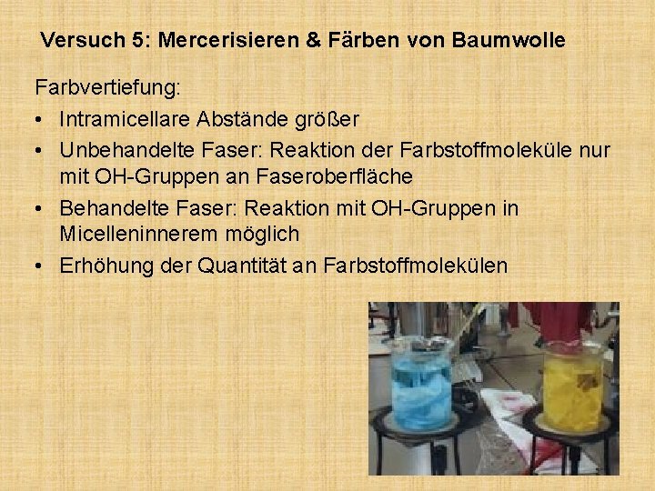 Versuch 5: Mercerisieren & Färben von Baumwolle Farbvertiefung: • Intramicellare Abstände größer • Unbehandelte