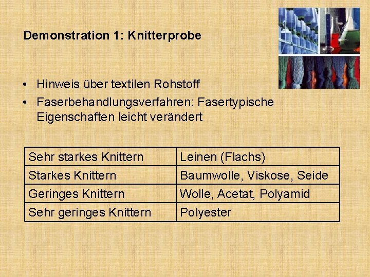 Demonstration 1: Knitterprobe • Hinweis über textilen Rohstoff • Faserbehandlungsverfahren: Fasertypische Eigenschaften leicht verändert