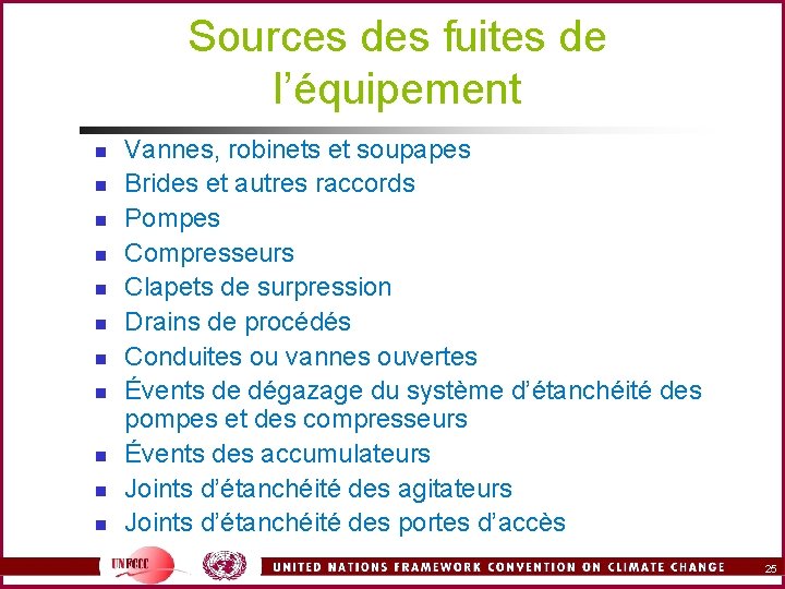 Sources des fuites de l’équipement n n n Vannes, robinets et soupapes Brides et