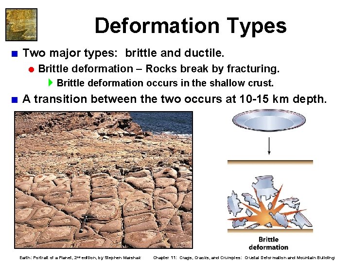 Deformation Types < Two major types: brittle and ductile. = Brittle deformation – Rocks