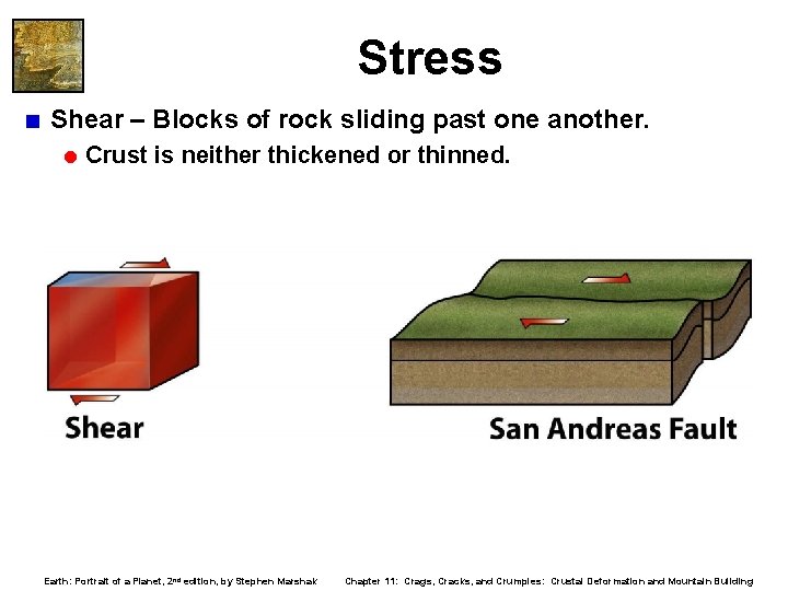 Stress < Shear – Blocks of rock sliding past one another. = Crust is