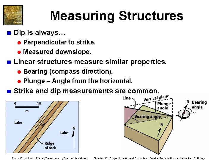 Measuring Structures < Dip is always… = Perpendicular to strike. = Measured downslope. <