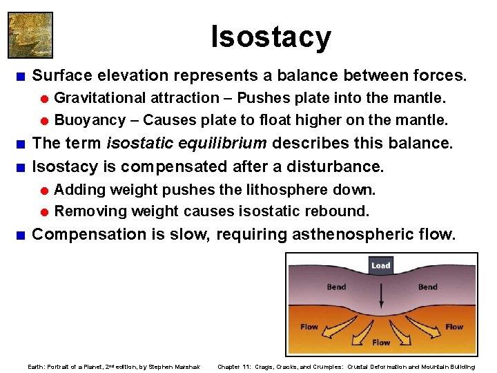 Isostacy < Surface elevation represents a balance between forces. = Gravitational attraction – Pushes Isostacy < Surface elevation represents a balance between forces. = Gravitational attraction – Pushes