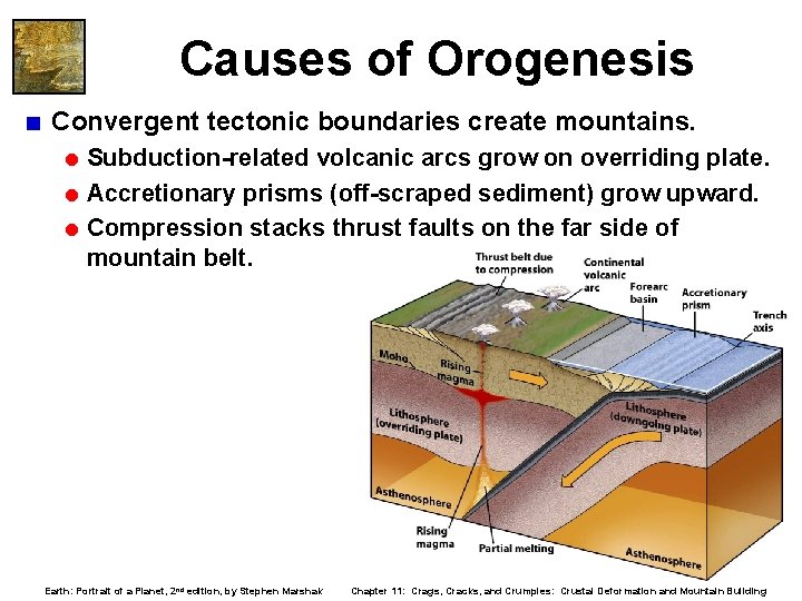 Causes of Orogenesis < Convergent tectonic boundaries create mountains. = Subduction-related volcanic arcs grow