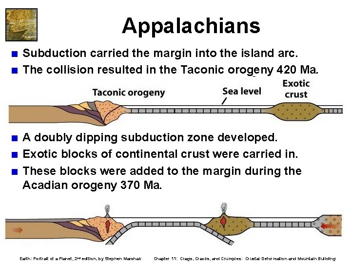 Appalachians < Subduction carried the margin into the island arc. < The collision resulted