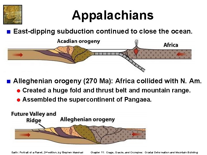 Appalachians < East-dipping subduction continued to close the ocean. < Alleghenian orogeny (270 Ma): Appalachians < East-dipping subduction continued to close the ocean. < Alleghenian orogeny (270 Ma):