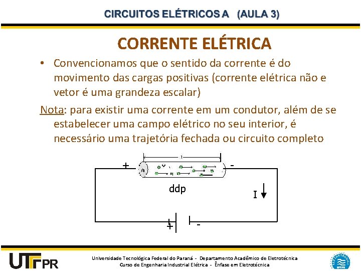 CORRENTE ELÉTRICA • Convencionamos que o sentido da corrente é do movimento das cargas