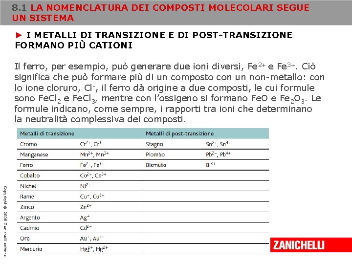 8. 1 LA NOMENCLATURA DEI COMPOSTI MOLECOLARI SEGUE UN SISTEMA ► I METALLI DI