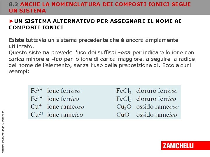 8. 2 ANCHE LA NOMENCLATURA DEI COMPOSTI IONICI SEGUE UN SISTEMA ►UN SISTEMA ALTERNATIVO