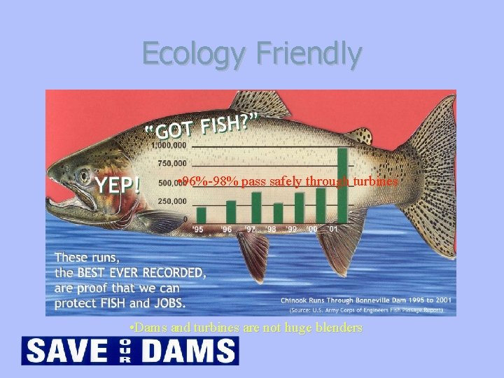 Ecology Friendly • 96%-98% pass safely through turbines • Dams and turbines are not