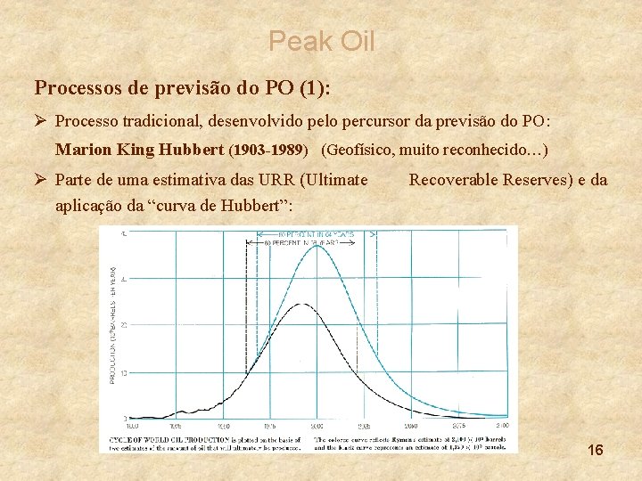 Peak Oil Processos de previsão do PO (1): Ø Processo tradicional, desenvolvido pelo percursor