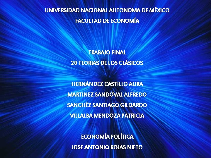UNIVERSIDAD NACIONAL AUTONOMA DE MÉXICO FACULTAD DE ECONOMÍA TRABAJO FINAL 20 TEORIAS DE LOS