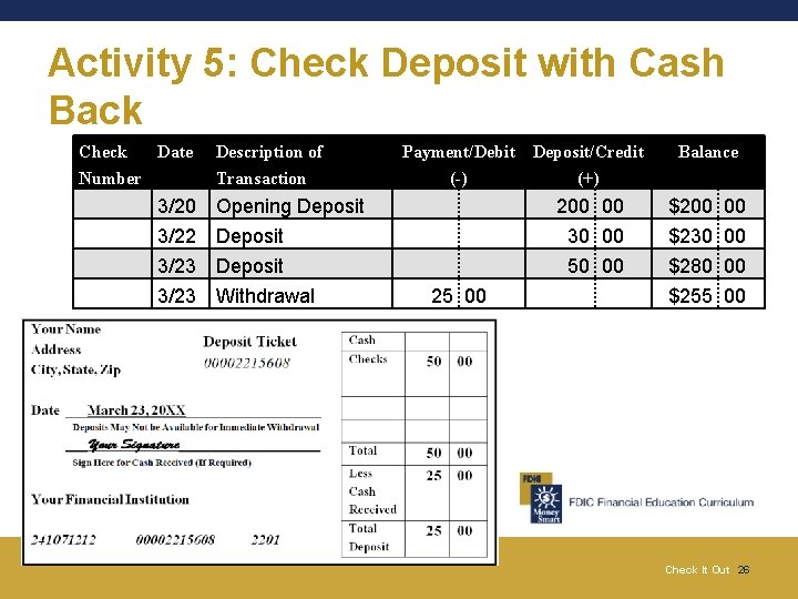 Activity 5: Check Deposit with Cash Back Check Date Number Description of Transaction Payment/Debit