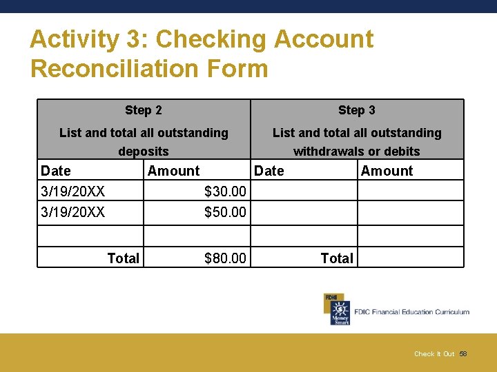 Activity 3: Checking Account Reconciliation Form Step 2 Step 3 List and total all