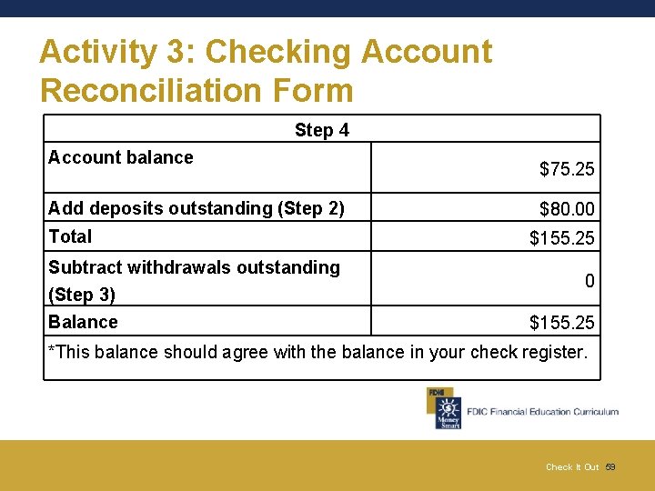 Activity 3: Checking Account Reconciliation Form Step 4 Account balance Add deposits outstanding (Step