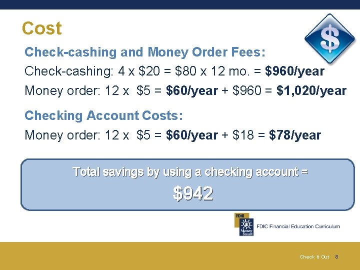 Cost Check-cashing and Money Order Fees: Check-cashing: 4 x $20 = $80 x 12