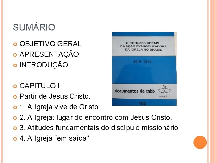 SUMÁRIO OBJETIVO GERAL APRESENTAÇÃO INTRODUÇÃO CAPITULO I Partir de Jesus Cristo. 1. A Igreja