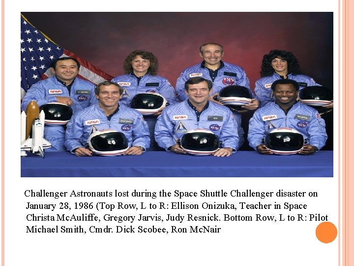 Challenger Astronauts lost during the Space Shuttle Challenger disaster on January 28, 1986 (Top