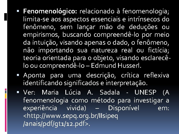  Fenomenológico: relacionado à fenomenologia; limita-se aos aspectos essenciais e intrínsecos do fenômeno, sem