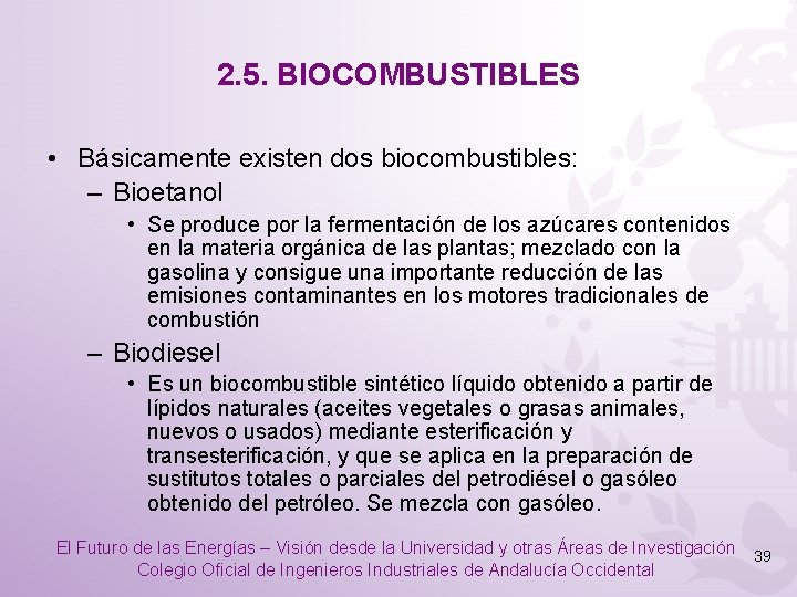 2. 5. BIOCOMBUSTIBLES • Básicamente existen dos biocombustibles: – Bioetanol • Se produce por