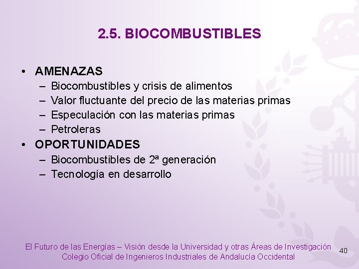 2. 5. BIOCOMBUSTIBLES • AMENAZAS – – Biocombustibles y crisis de alimentos Valor fluctuante