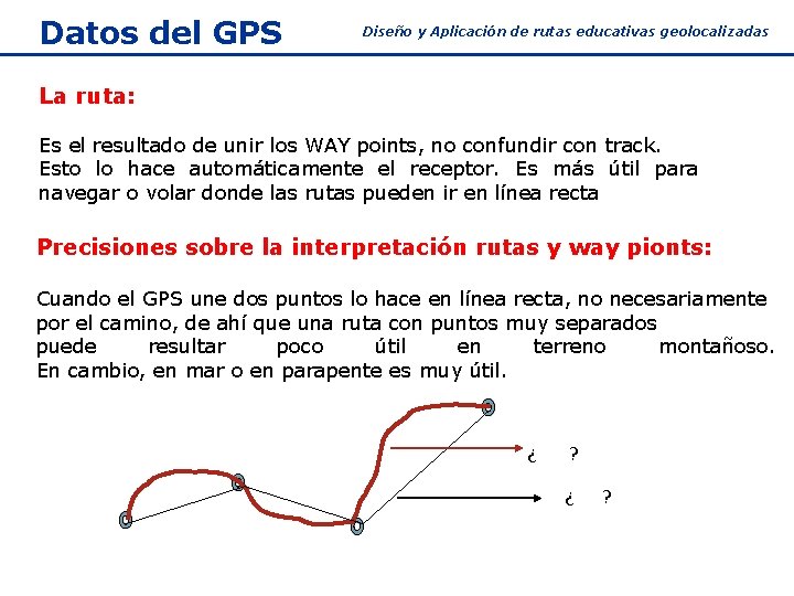 Datos del GPS Diseño y Aplicación de rutas educativas geolocalizadas La ruta: Es el