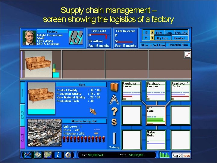 Supply chain management – screen showing the logistics of a factory 