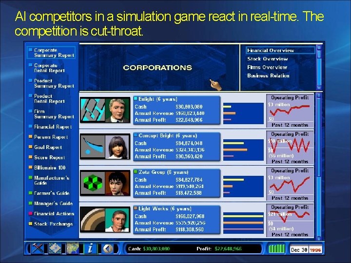 AI competitors in a simulation game react in real-time. The competition is cut-throat. 