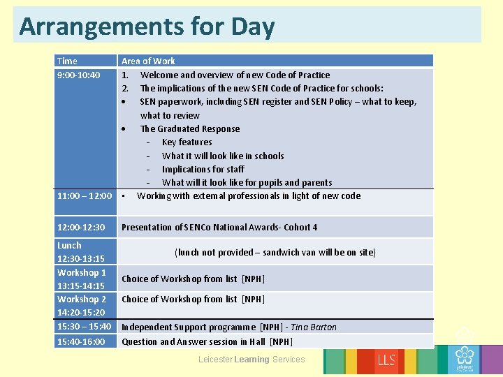 Arrangements for Day Time 9: 00 -10: 40 11: 00 – 12: 00 Area