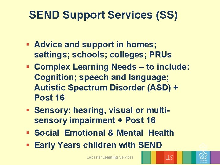  SEND Support Services (SS) § Advice and support in homes; settings; schools; colleges;