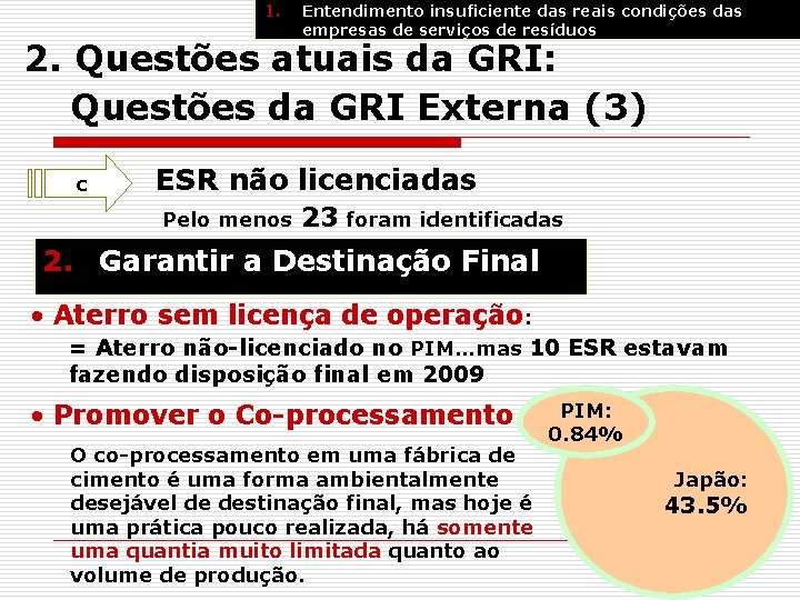 1. Entendimento insuficiente das reais condições das empresas de serviços de resíduos 2. Questões 1. Entendimento insuficiente das reais condições das empresas de serviços de resíduos 2. Questões