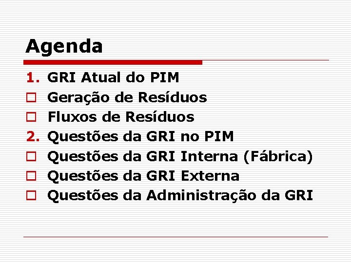 Agenda 1. o o 2. o o o GRI Atual do PIM Geração de