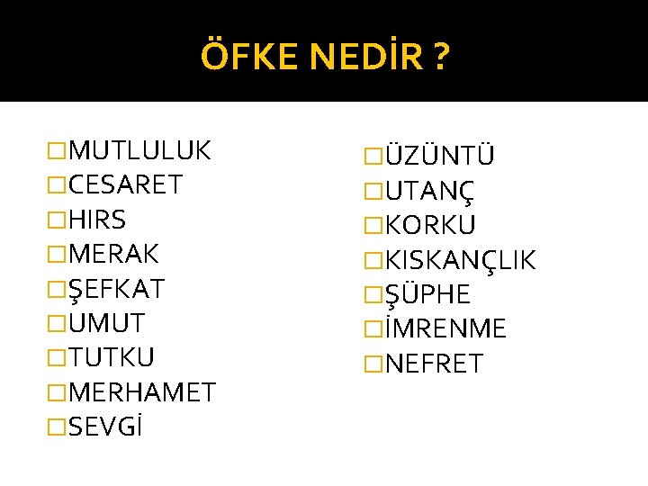 ÖFKE NEDİR ? �MUTLULUK �CESARET �HIRS �MERAK �ŞEFKAT �UMUT �TUTKU �MERHAMET �SEVGİ �ÜZÜNTÜ �UTANÇ