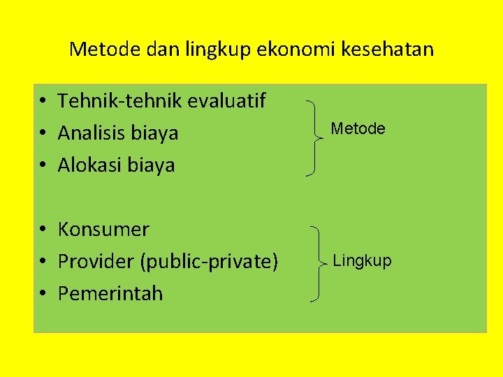 Metode dan lingkup ekonomi kesehatan • Tehnik-tehnik evaluatif • Analisis biaya • Alokasi biaya