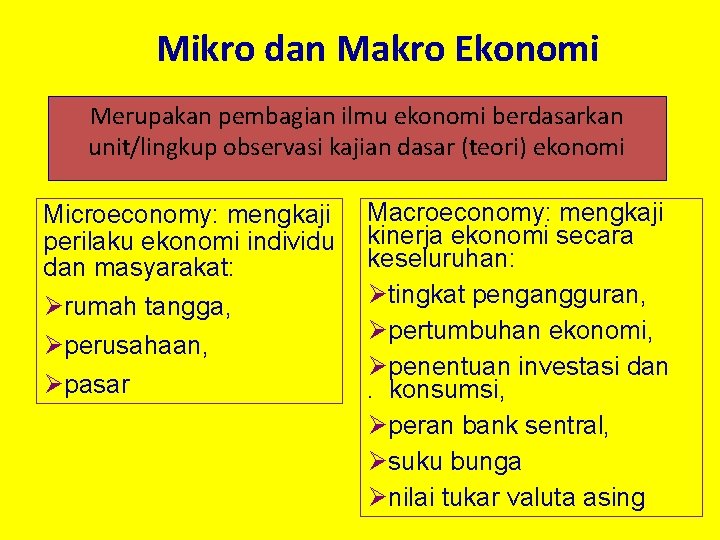 Mikro dan Makro Ekonomi Merupakan pembagian ilmu ekonomi berdasarkan unit/lingkup observasi kajian dasar (teori)