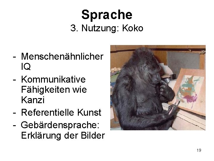 Sprache 3. Nutzung: Koko - Menschenähnlicher IQ - Kommunikative Fähigkeiten wie Kanzi - Referentielle