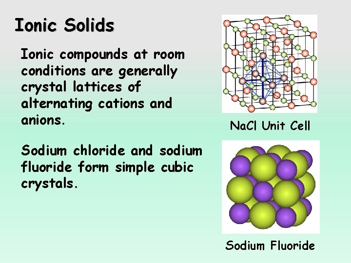 Ionic Solids Ionic compounds at room conditions are generally crystal lattices of alternating cations