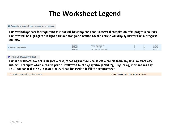 The Worksheet Legend This symbol appears for requirements that will be complete upon successful