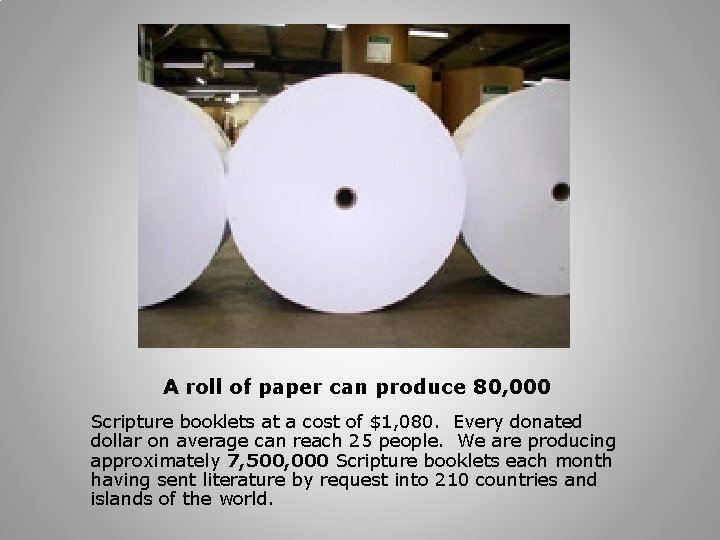 A roll of paper can produce 80, 000 Scripture booklets at a cost of