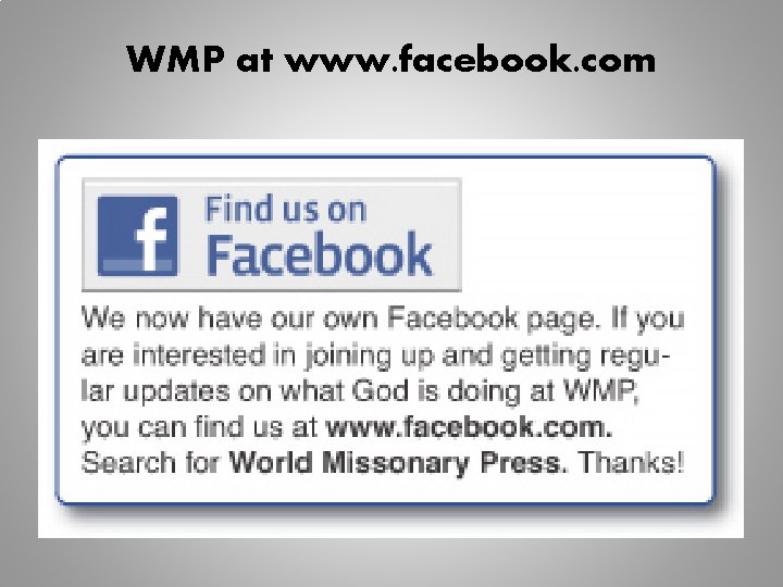 WMP at www. facebook. com 