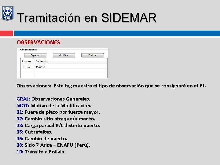 Tramitación en SIDEMAR OBSERVACIONES Observaciones: Este tag muestra el tipo de observación que se