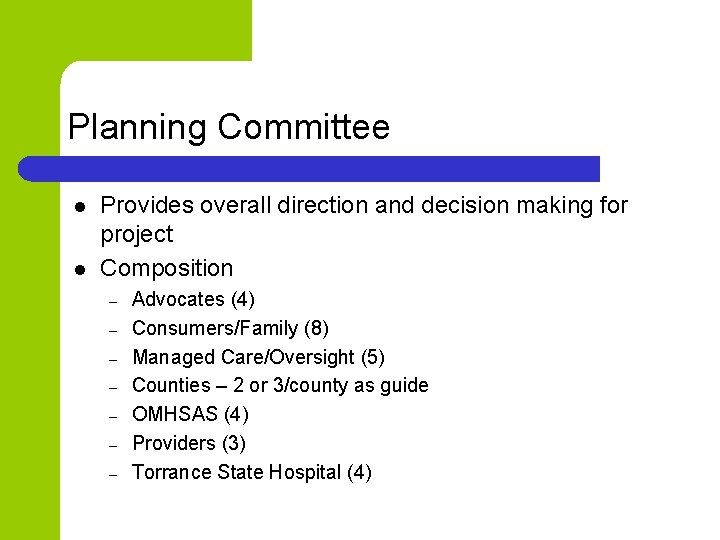 Planning Committee l l Provides overall direction and decision making for project Composition –