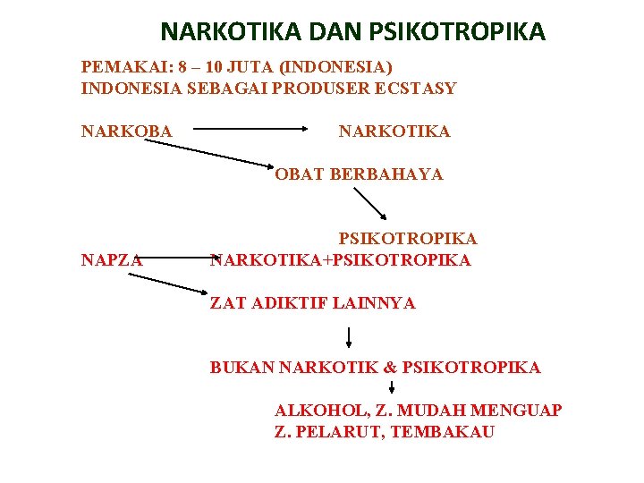 NARKOTIKA DAN PSIKOTROPIKA PEMAKAI: 8 – 10 JUTA (INDONESIA) INDONESIA SEBAGAI PRODUSER ECSTASY NARKOBA