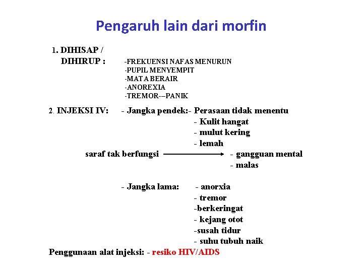 Pengaruh lain dari morfin 1. DIHISAP / DIHIRUP : -FREKUENSI NAFAS MENURUN -PUPIL MENYEMPIT