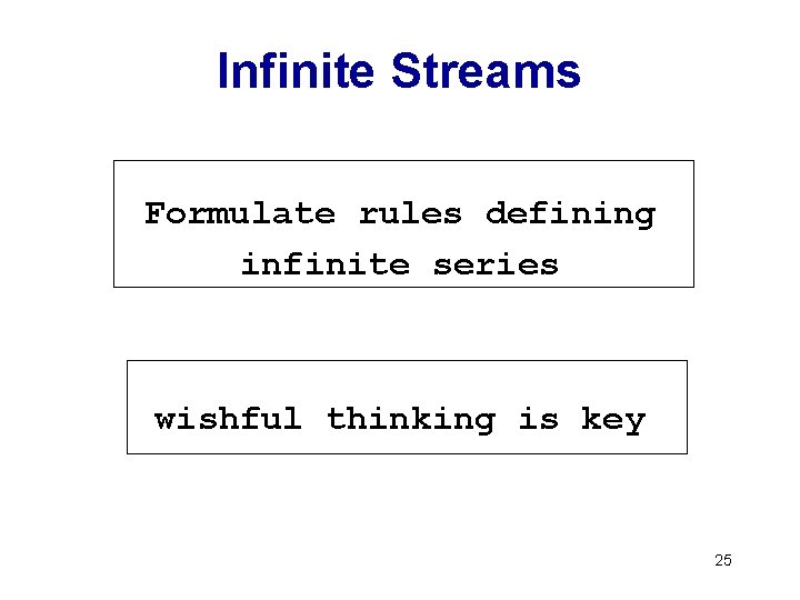 Infinite Streams Formulate rules defining infinite series wishful thinking is key 25 