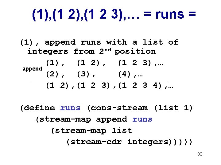 (1), (1 2 3), … = runs = (1), append runs with a list