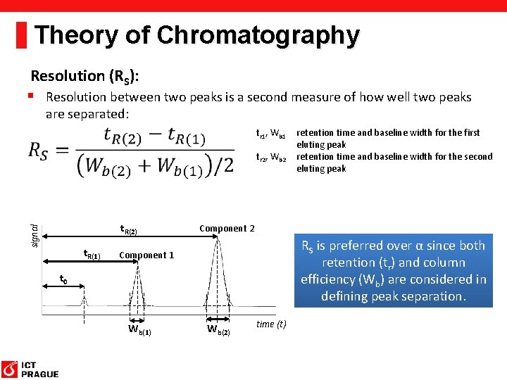 Theory of Chromatography Resolution (RS): § Resolution between two peaks is a second measure Theory of Chromatography Resolution (RS): § Resolution between two peaks is a second measure