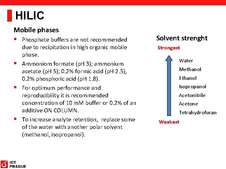 HILIC Mobile phases § Phosphate buffers are not recommended due to recipitation in high